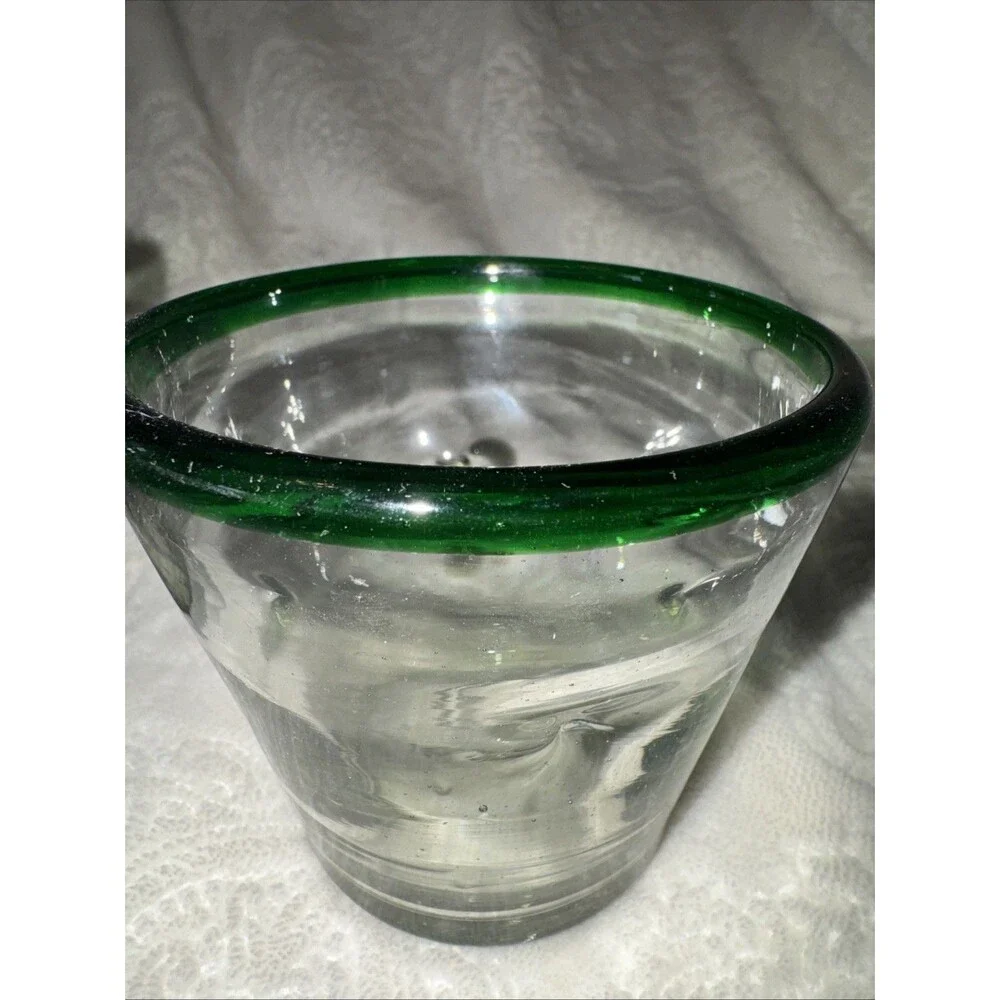 Set 2 Hand Blown Vtg Green Rim Mexican Glasses Old Fashion Rocks Margarita 4